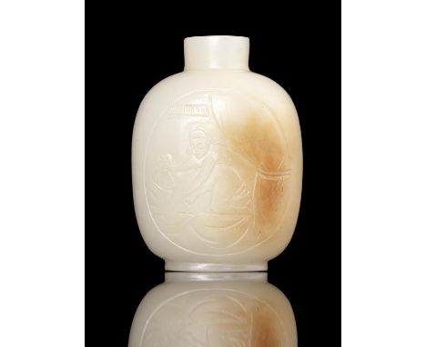 A RUSSETS AND WHITE JADE ‘EROTIC SUBJECT’ SNUFF BOTTLE INSCRIBED WITH TWO VERSES OF A POETRY BY MENG HAORAN 孟浩然 China, Modern