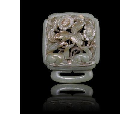 A LIAO STYLE ‘AUTUMN FOREST / QIUSHAN YUAN' CELADON JADE ELEMENT OF A BELT BUCKLE / HOOKChina, Liao styleOpen-worked with a c