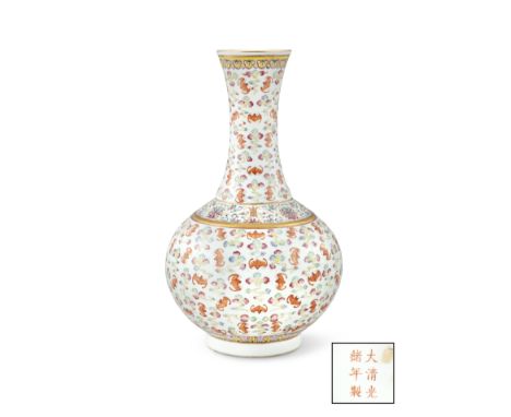 A FAMILLE ROSE 'HUNDRED BATS' AND'HONGFU QITIAN 洪福齊天'GLOBULAR TRUMPET-NECKED VASE, TIANQIUPINGGuangxu six-character mark and 