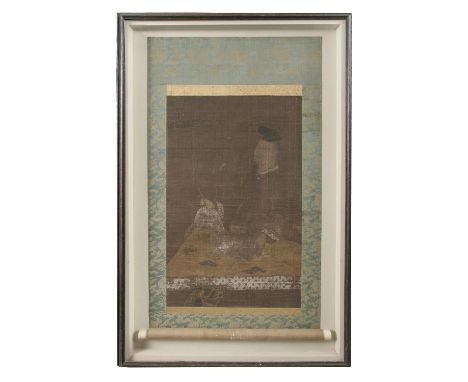 KOREAN SCHOOL, GORYEO STYLEPortrait of a seated scholar with a book and a brushInk and colours on silkMounted as a kakemonoFr