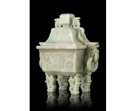 A JADEITE JADE ARCHAISTIC LIDDED INCENSE BURNER WITH LOOSE RINGS, FANGDINGChina, ModernSold together with a matching wooden s
