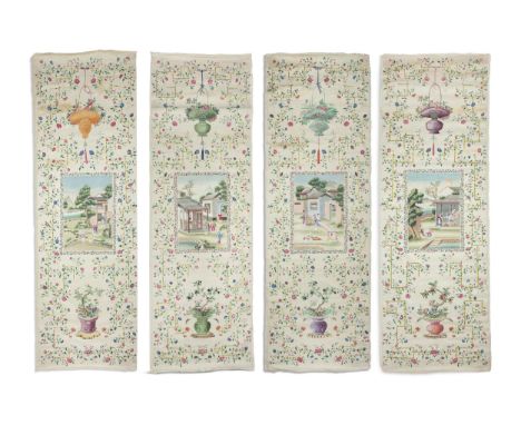 A SUITE OF FOUR (4) CHINESE EXPORT HAND-PAINTED WALLPAPER PANELSChina, Qing Dynasty, 19th centuryInk and colour on paper, eac