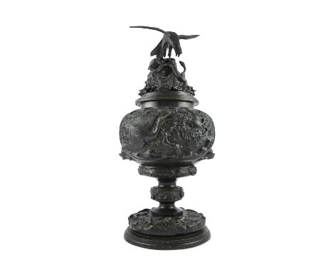 A LARGE JAPANESE BRONZE  KORO AND COVER ON STAND, 19th century, surmounted with a model of a eagle and serpent on rocks, abov