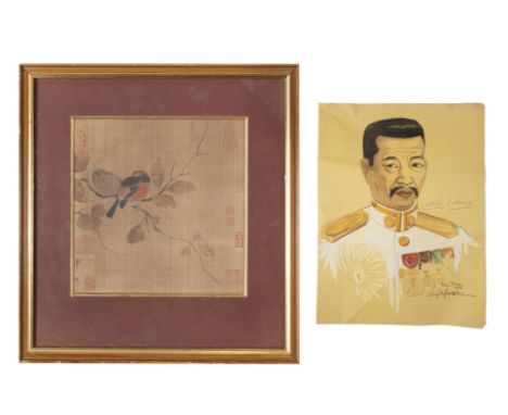 A GROUP OF TWO (2) PIECESChina and varia&nbsp;The first one is a framed ‘bird and flowers’ print on silk. The second one is a