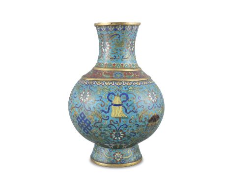 A LARGE 'ASHTAMANGALA' CLOISONNE BRONZE JAR, HUChina, Qing Dynasty, 19th centuryRichly adorned in vivid polychrome enamels wi