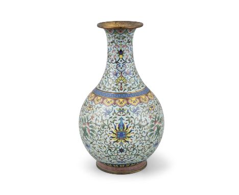 A CLOISONNE ENAMEL ‘LOTUS’ BOTTLE VASE IN THE MANNER OF THE STUDIO LAO TIAN LIChina, Late Qing to Republic / Minguo periodH: 