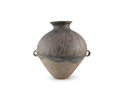 A PAINTED POTTERY TWO-HANDLED JARProbably Neolithic period, Majiayao culture, Banshan type, 3rd millenium BCAdorned with pain