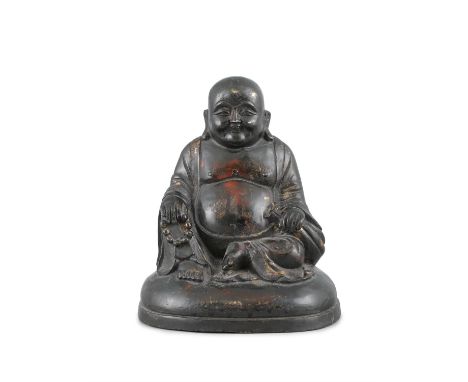 A BRONZE FIGURE OF A SEATED BUDAI WITH A ROSARYChina, Late Qing Dynasty, Ming style, 19th centuryAll covered with a dark brow