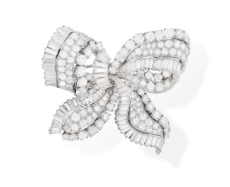 THE PRIVATE PROPERTY OF A NOBLE ITALIAN LADYAN IMPORTANT DIAMOND BOW BROOCH, BY BULGARI, CIRCA 1960The three-dimensional ribb