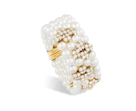 A CULTURED PEARL AND DIAMOND CUFF BANGLE, BY PEDERZANIThe frontispiece set with four brilliant-cut diamond motifs, on an expa