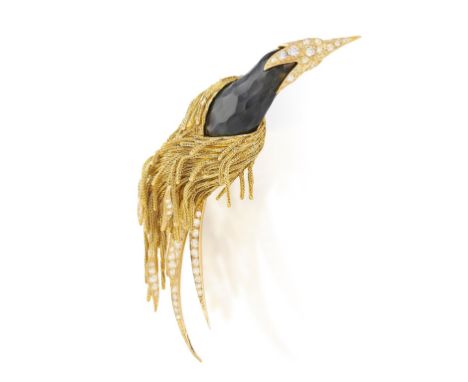 THE PRIVATE PROPERTY OF A NOBLE ITALIAN LADYA RARE HAWK'S EYE AND DIAMOND BIRD BROOCH, BY STERLÉ, CIRCA 1955Designed as a maj