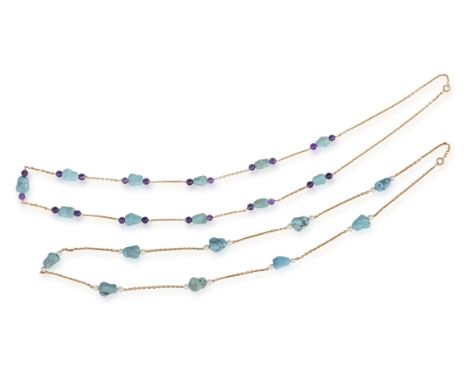 TWO TURQUOISE SAUTOIR NECKLACESEach cable-link chain highlighted with fancy-shaped turquoise beads between amethyst beads or 
