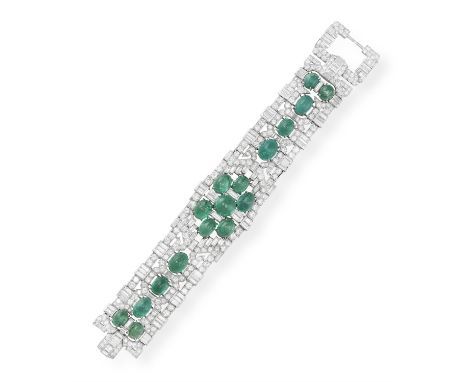 AN IMPORTANT EMERALD AND DIAMOND BRACELET, CIRCA 1945Of geometric openwork design, centring graduated cabochon emeralds, with