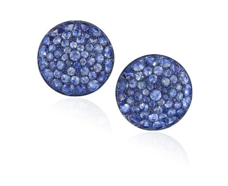 A PAIR OF SAPPHIRE AND DIAMOND EARRINGS, BY MARGHERITA BURGENEREach circular bombé plaque pavé-set throughout with circular-c