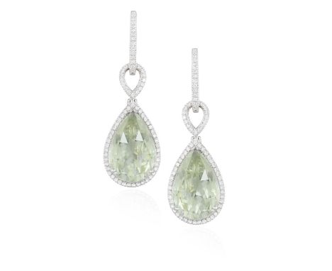 A PAIR OF AMETHYST AND DIAMOND PENDENT EARRINGSEach mixed-cut pear-shaped green amethyst, within pavé-set of brilliant-cut di