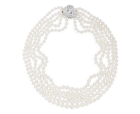 A CULTURED PEARL NECKLACE WITH DIAMOND CLASP, CIRCA 1960Composed of five rows of graduated Akoya cultured pearls of cream tin