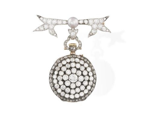 THE PRIVATE PROPERTY OF A NOBLE ITALIAN LADYA LATE 19TH CENTURY DIAMOND AND PEARL OPEN FACE LAPEL WATCH, CIRCA 1890Jewelled k