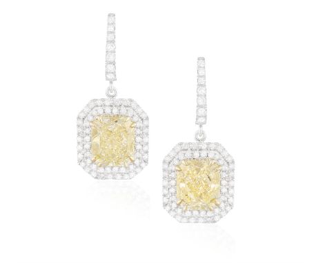 A PAIR OF FANCY-COLOURED DIAMOND AND DIAMOND PENDENT EARRINGSEach set with a cut-cornered rectangular-shaped yellow diamond w