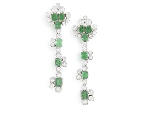 A PAIR OF EMERALD AND DIAMOND PENDENT EARRINGSEach surmount set with a trio of square-cut emerald within a surround of brilli