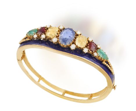 A GEM-SET, DIAMOND AND ENAMEL BANGLEThe frontispiece with applied blue enamel, set with a central oval-shaped blue sapphire w