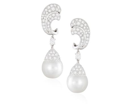 A PAIR OF CULTURED PEARL AND DIAMOND PENDENT EARRINGSEach swirled surmount pavé-set with single-cut diamonds, suspending a br