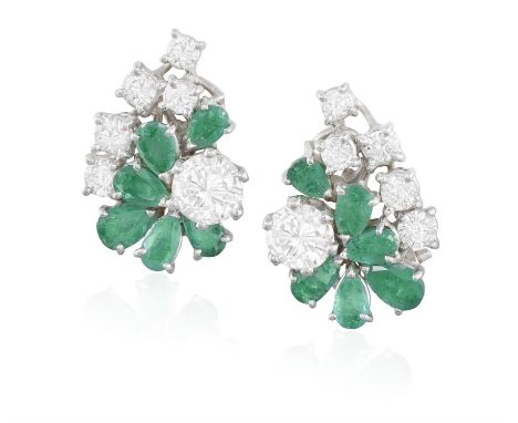 A PAIR OF EMERALD AND DIAMOND EARRINGSEach brilliant-cut diamond weighing approximately 0.70ct set with pear-shaped emerald a