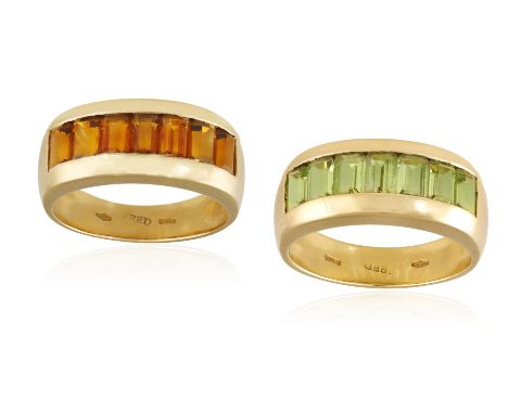 TWO GEM-SET RINGS, BY FRED PARISEach frontispiece set with a row of rectangular-cut peridots or citrines, mounted in 18K gold