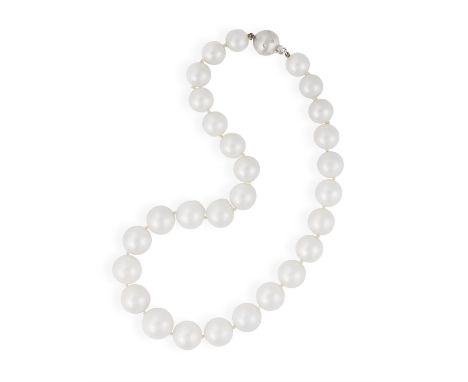 A CULTURED PEARL NECKLACE WITH DIAMOND CLASPComposed of a graduated row of South Sea cultured pearl of white tint, measuring 