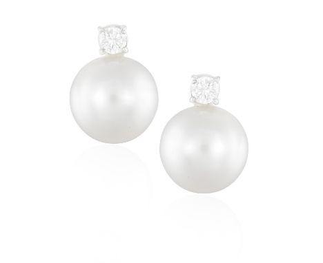 A PAIR OF CULTURED PEARL AND DIAMOND EARRINGSEach round-shaped cultured pearl of white tint measuring approximately 12.09mm w