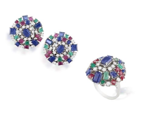 THE PRIVATE PROPERTY OF A NOBLE ITALIAN LADYA GEM-SET COCKTAIL RING WITH A PAIR OF EARCLIPS EN SUITE, BY PETOCHI, CIRCA 1960O