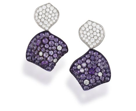 A PAIR OF AMETHYST AND DIAMOND PENDENT EARRINGS, BY MARGHERITA BURGENEREach modelled as a petal, pavé-set throughout with cir