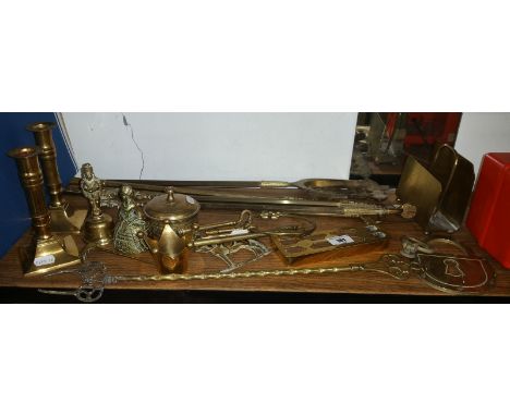 A Quantity of Decorative Brass Ware, to Include a pair of candlesticks, a letter rack, 19th century fire tools, toasting fork