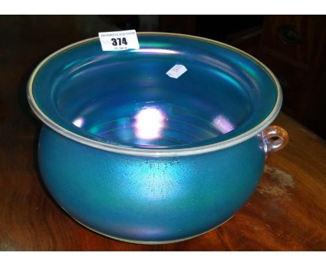 A Bohemian Iridescent Glass Bowl with Twin Handles, blue in colour. 14cm (h) x 18cm diameter.