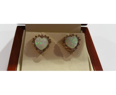 A Pair of 14ct Opal and Diamond Earrings.