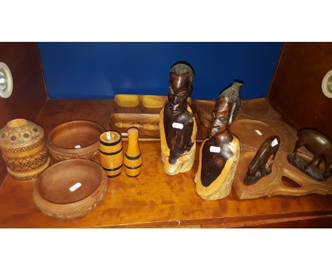 A Shelf of Wooden & African Carved Figures, Bowls, etc.