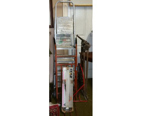 A Good Quantity of Items to Include a Good Slingsby Sack Truck, a basket ball hoop, a ceramic tile cutter, two aluminium step