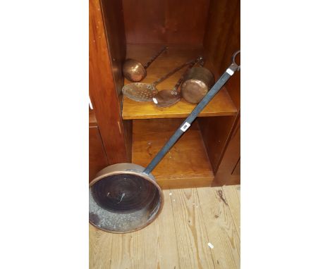 A 19th Century Copper Long Handled Pan; with a 19th Century Ladle, strainer etc.