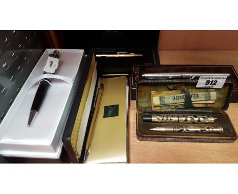A Morrison of New York Pen & Pencil Set in Original Box, overlaid with 14ct gold, along with three cased Cross pens (2 gold p