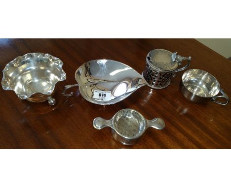 A Silver-Plated Two-Part Tea Strainer, Sugar Bowl, Old Mustard Pot, etc (5).