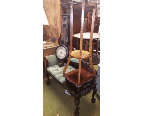 An Early 20th Century Barometer, an Oak Plant Stand, Mahogany Telephone Table and an Oak Fold up Table.