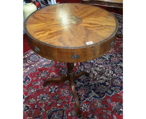 A Superb Regency Style Mahogany Miniature Drum Table, having a highly inlaid centre to a sunburst mahogany top on a slender b