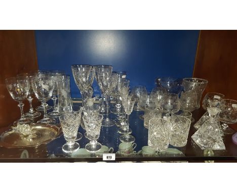 A Good Shelf of Glass to Include Wine Glasses, Brandy Balloons, Set of Four Etched Cordial Glasses on Long Stem, Vases, etc (