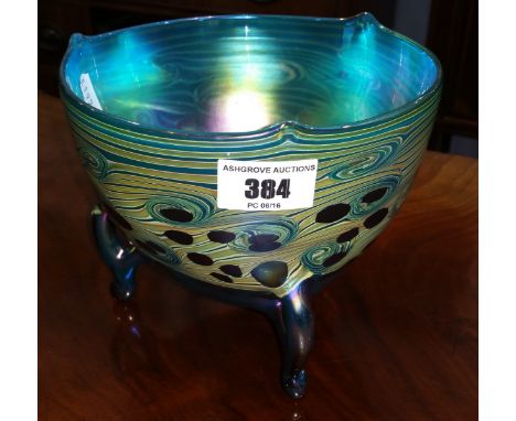 A Bohemian Iridescent Glass Footed Bowl with a Shaped Top, Possibly Müller, blue/green colour.