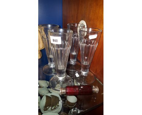 A Victorian Silver and Ruby Glass Double Ended Perfume Vinaigrette (one end a/f), together with four sundae glasses (4).