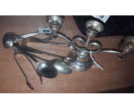A Small Georgian Silver Sauce Ladle along with a Silver Tongs; along with a set of bright cut spoons & an Unusual Miniature S