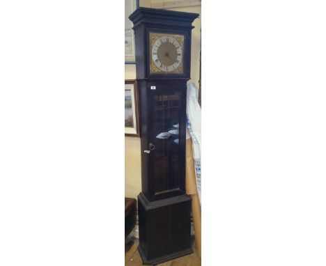 An 1900 Century Oak Longcase Thirty Hour Grandmother Clock; brass dial with cherub spandrels and silvered chapter ring, overa