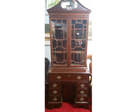 A Wonderful Georgian String Inlaid Mahogany Secretaire Bookcase of Neat Proportions,  the upper section fitted with a swan ne