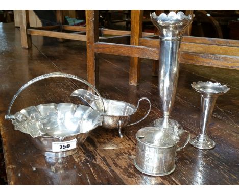 Two Chippendale Single Bud Vases, together with a Greek key Victorian mustard pot, 1880, a silver-plated sauce boat and a swe