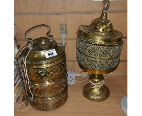 A Military Chow Barrel, along with a brass light and a figural lamp (3).