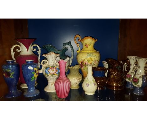 A Shelf of Jugs, Vases & Copper Lustre, 19th Century & Later.